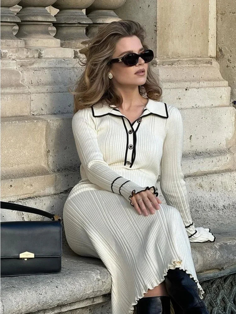 Knitted Mini Dress Autumn Winter Ruffled Rib High Waist Dresses Long Sleeve Banquet Dress for Woman