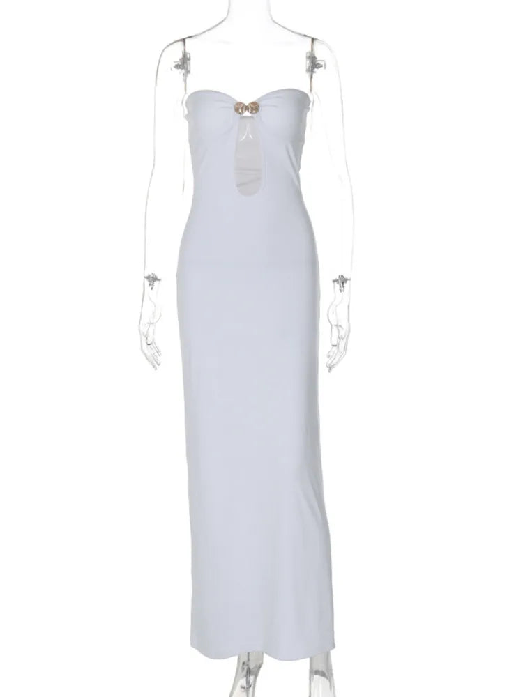 Metal Button Strapless Backless Long Dress Hollow Out Off-shoulder Sleeveless Bodycon Party Midi Dress
