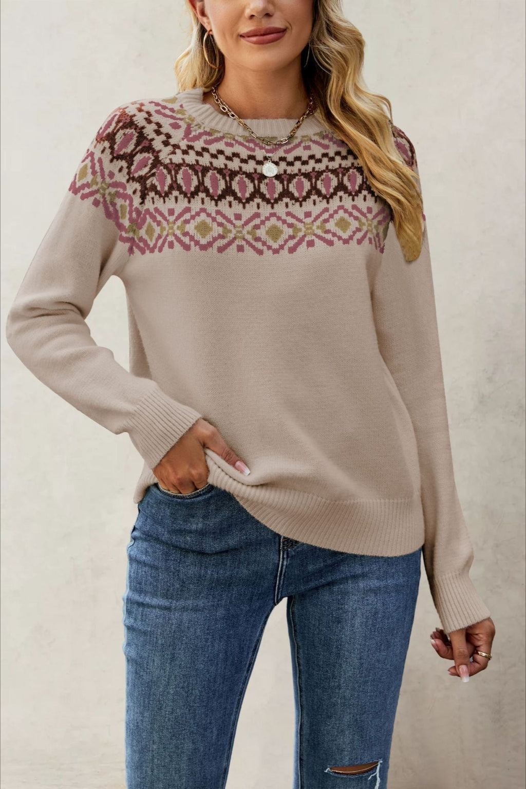 Jacquard Crew Neck Knit Pullover Sweater