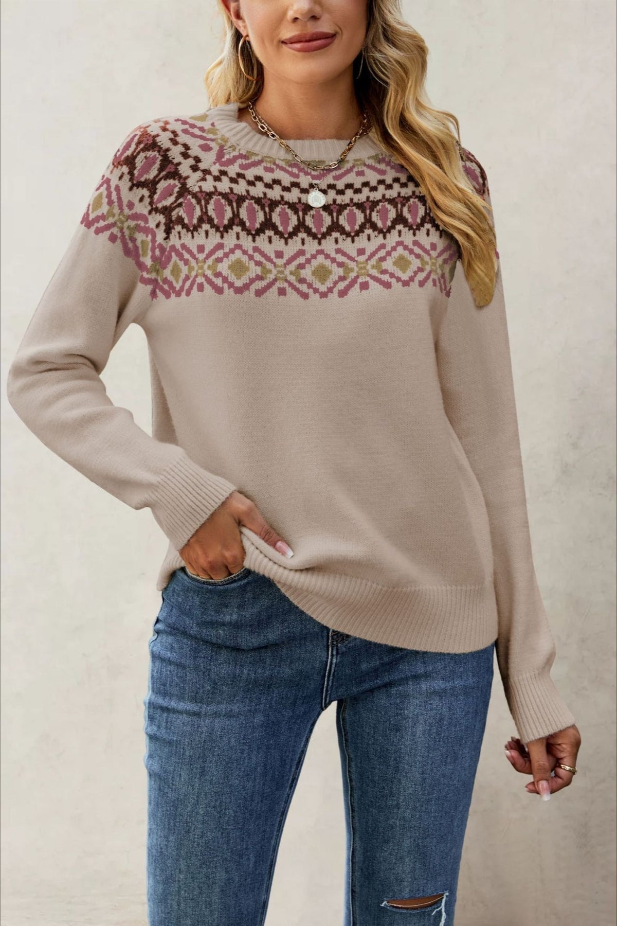 Jacquard Crew Neck Knit Pullover Sweater