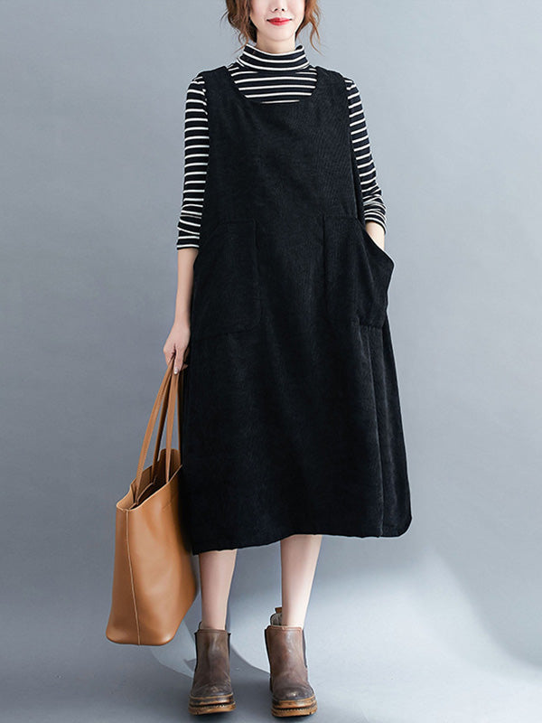 Corduroy Sleeveless Split-joint Round-neck Midi Dress