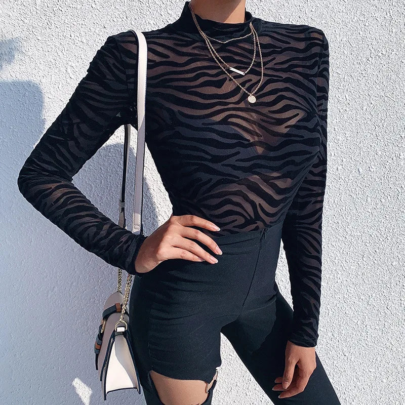 Black Mesh Transparent Bodysuit Long Sleeve Slim Skinny Stripe Mock Neck Rompers Lady Party Club Body