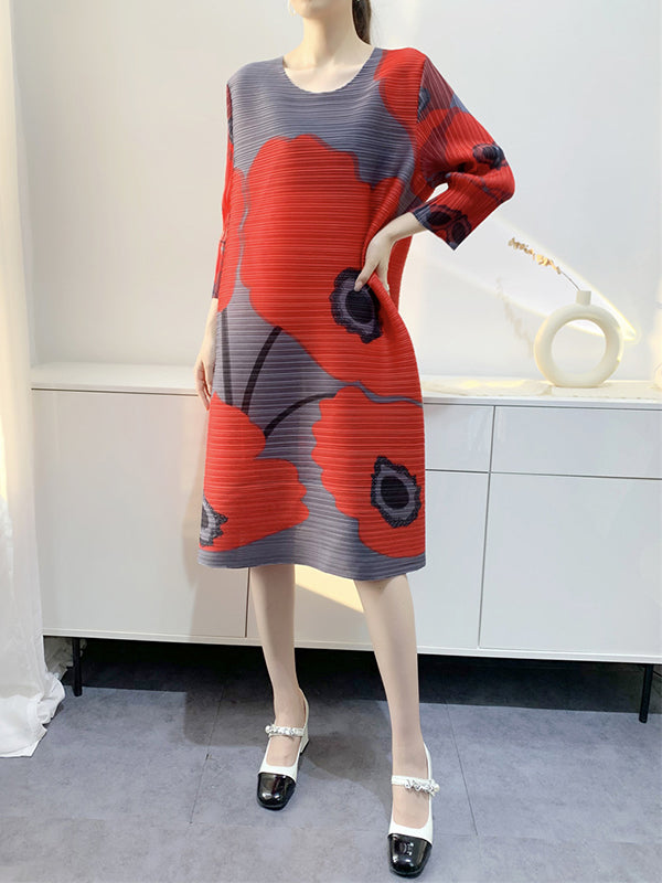 Original Three-quarter Sleeves Loose Printed Contrast Color Pleated Round-neck Midi Dresses
