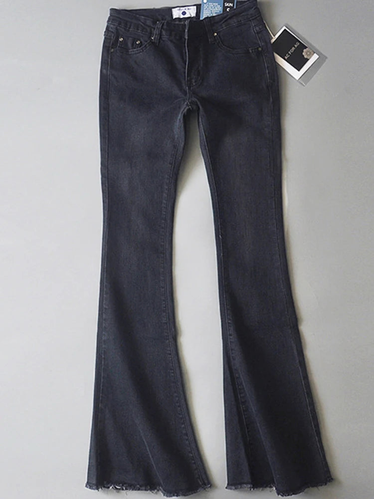 Retro Low Waist Blue Jeans for Bodycon Flared Pants Basic Slim Fit Summer Street Jeans Woman