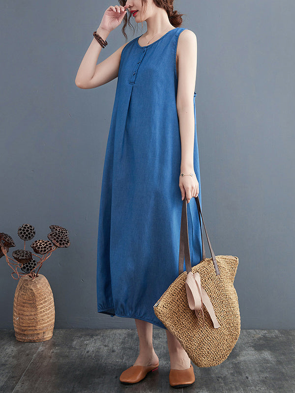 A-line Loose Buttoned Pleated Color Round-neck Midi Dresses