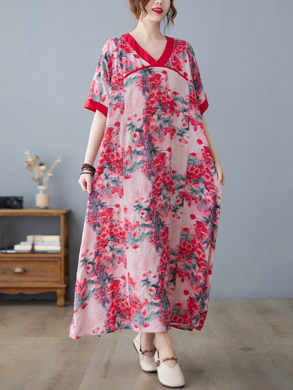 Loose Artistic Retro Printed Split-joint V-neck Midi Dress