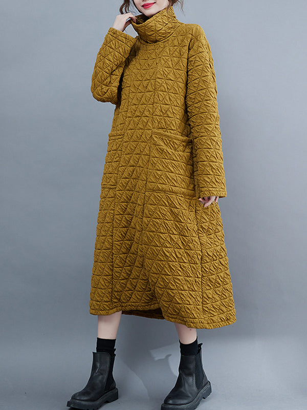 Long Sleeves Loose Color Textured High-neck Cotton Padded Midi Dresses
