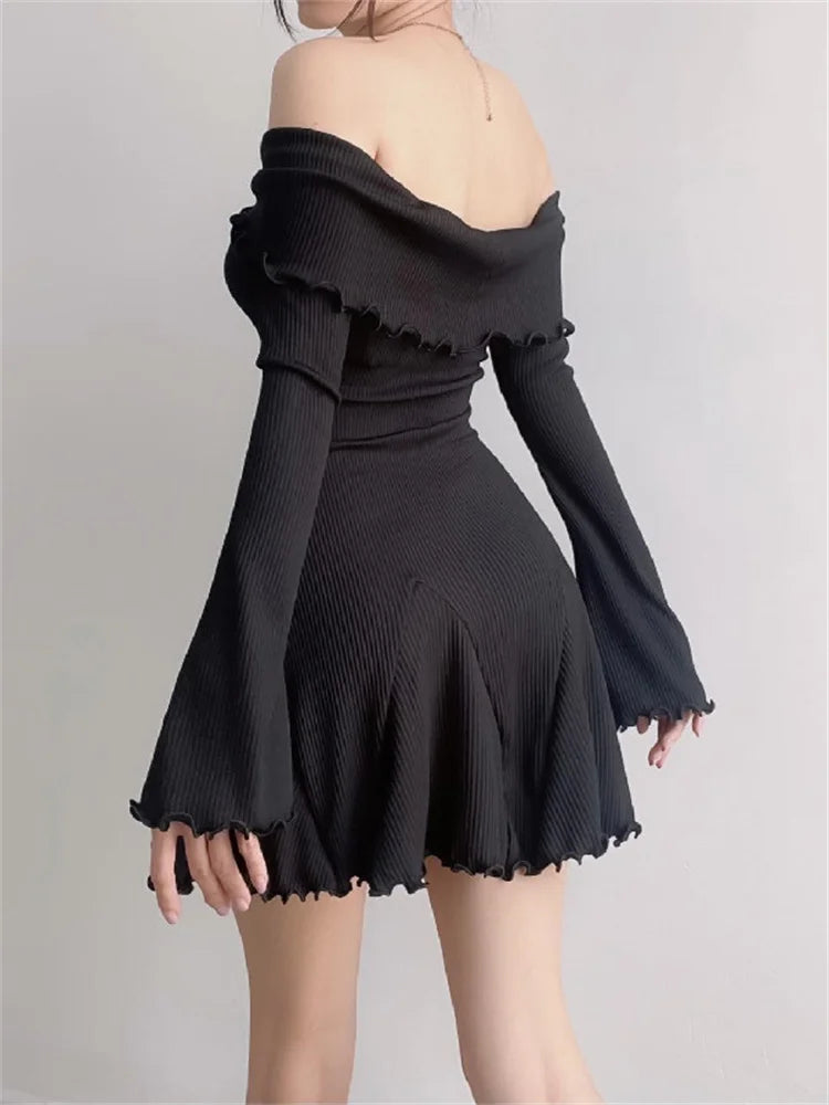 Black Knit Ruffled Mini Dress Patchwork Off-shoulder Loose Slim Ribbed Dress Knitwear Clothes Female Dress