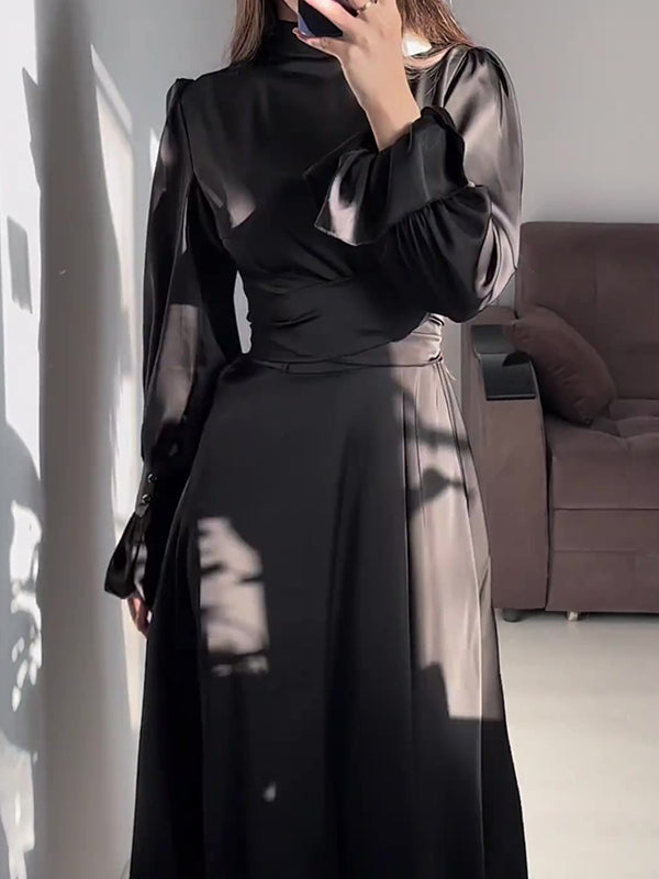 A-line Long Sleeves Pleated Color Tied Waist Zipper Mock Neck Maxi Dresses