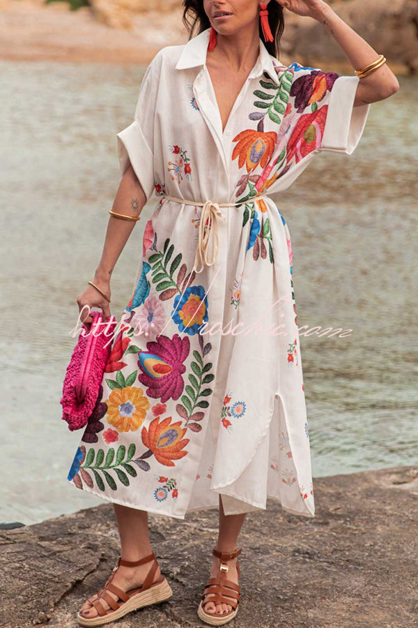 Plant Print Lapel Short Sleeve Waist Tie Loose Vacation Midi Dress