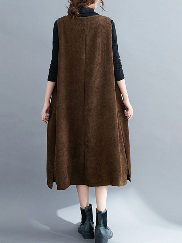 Corduroy Sleeveless Split-joint Round-neck Midi Dress