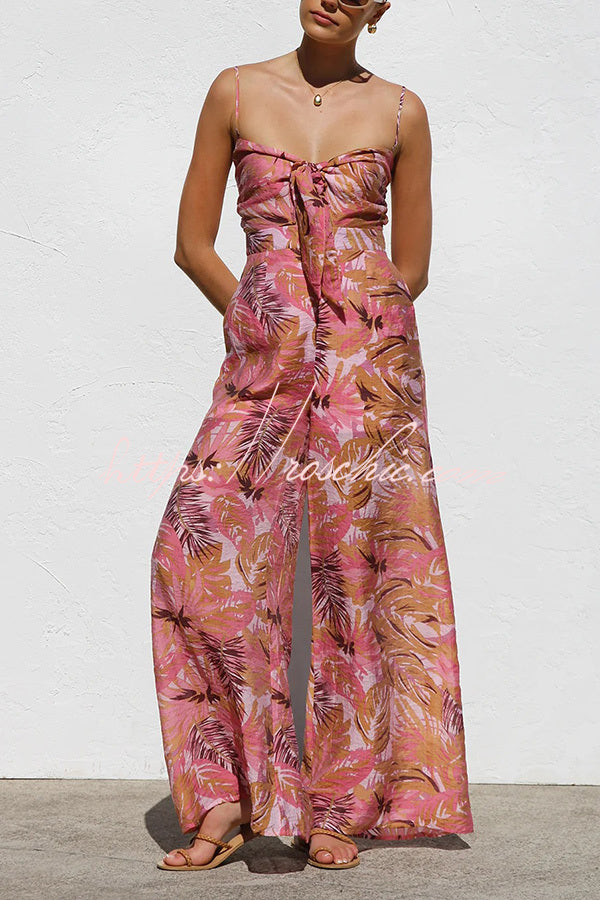 Botanical Print Strappy Resort Style Wide-leg Pants Jumpsuit