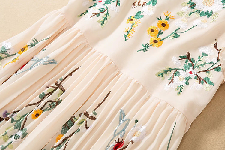 Palm Flying Ruffled Sleeve Pleated Hem Midi Dress