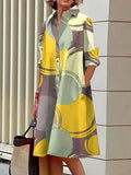 A-line Long Sleeves Buttoned Pockets Printed Lapel Midi Dresses