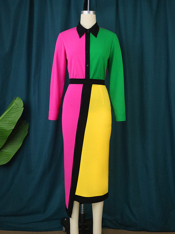 High Waisted Long Sleeves Asymmetric Buttoned Contrast Color Split-back Lapel Midi Dresses