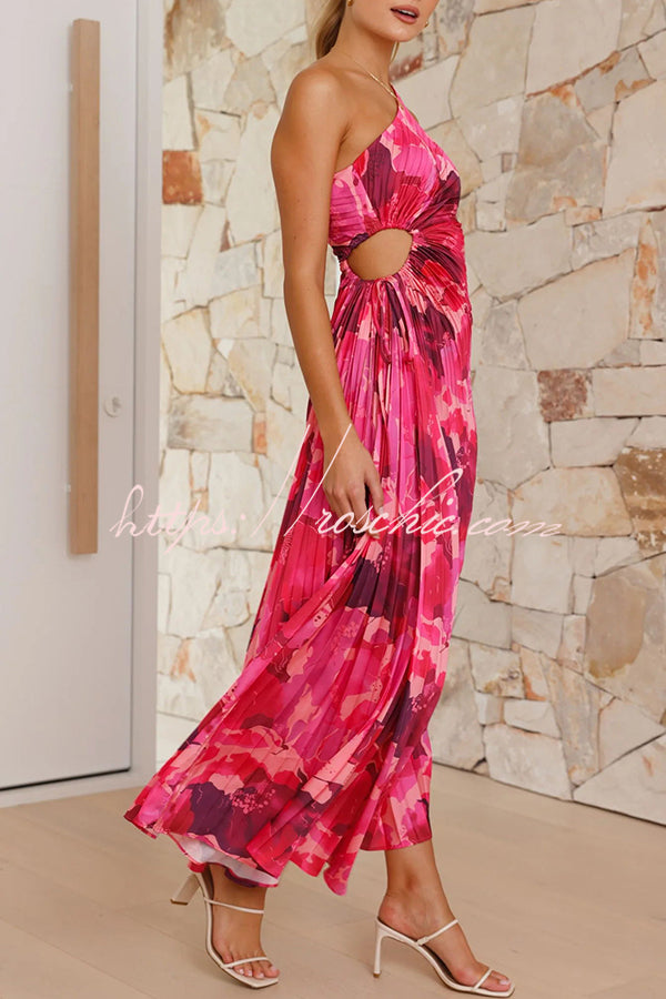 Laken Print One Shoulder Adjustable Tie Cutout Pleated Maxi Dress