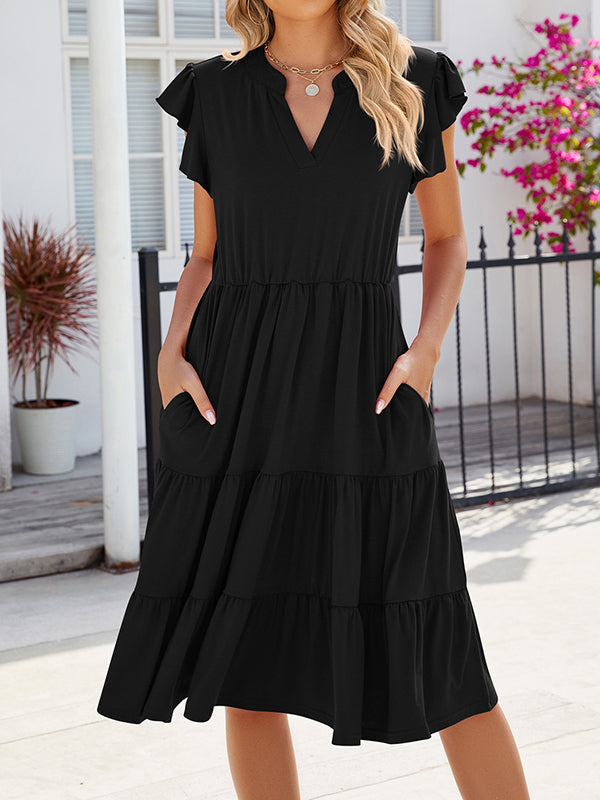 Loose Ruffle Sleeves Pleated Pockets Color Split-joint V-neck Midi Dresses