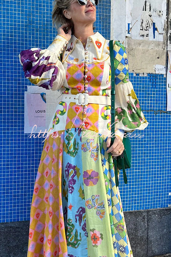 Bold and Irregular Unique Print Balloon Sleeve Belt Shirt Midi Dress