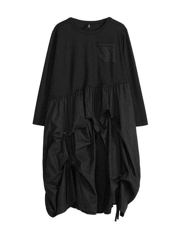 Long Sleeves Loose Split-joint Color Round-neck Midi Dresses