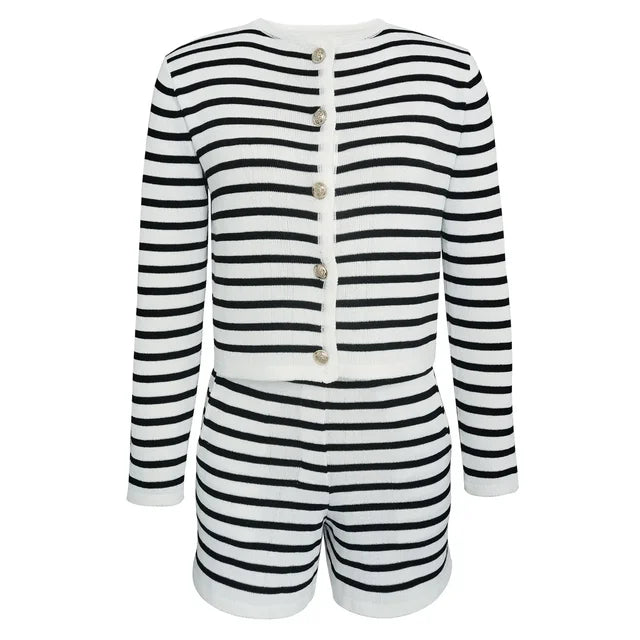 Knitted Shorts 2 Piece Sets Outfits Loose Cardigan Sweater Woman Winter Street High Waist Short Suits