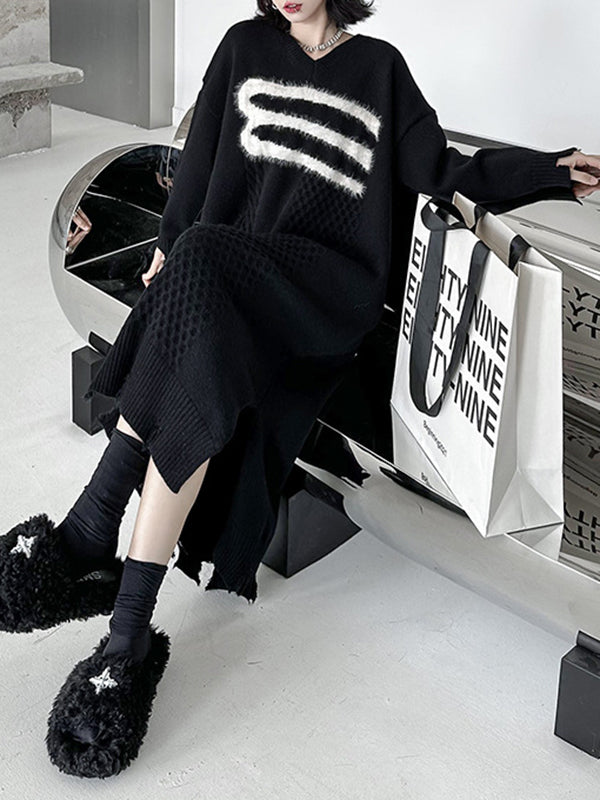 Long Sleeves Loose Split-joint Split-side V-neck Midi Dresses Sweater Dresses