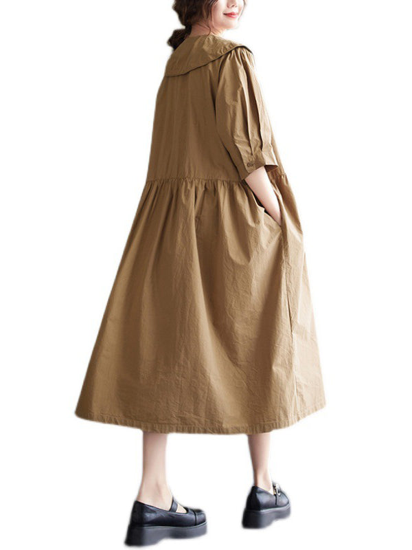 Original Loose Color Buttoned Pleated Midi Dress