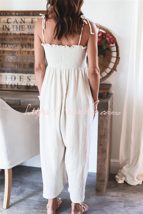 Color High Waist Linen Blend Suspender Pleated Jumpsuit
