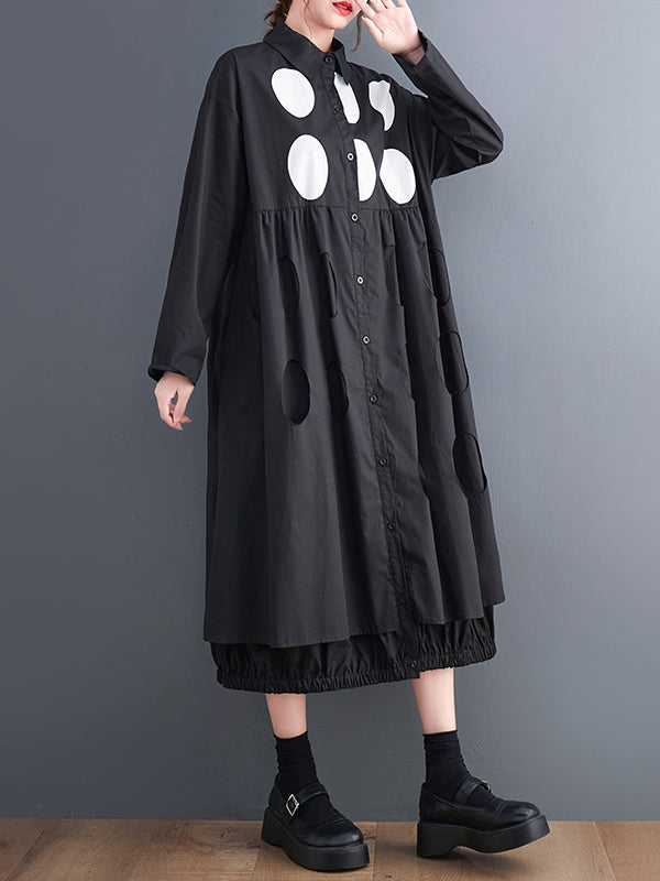 Stylish Long Sleeves A-line Polka Dot Polo Shirt Midi Dresses