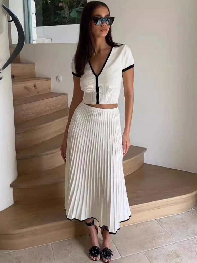 Knitted Fold Skirt Two Pieces Set Deep V Neck Short T-shirt Knitwear High Waist Skirt Patchwork Female Sets Summer