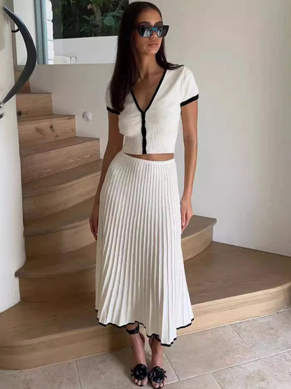 Knitted Fold Skirt Two Pieces Set Deep V Neck Short T-shirt Knitwear High Waist Skirt Patchwork Female Sets Summer