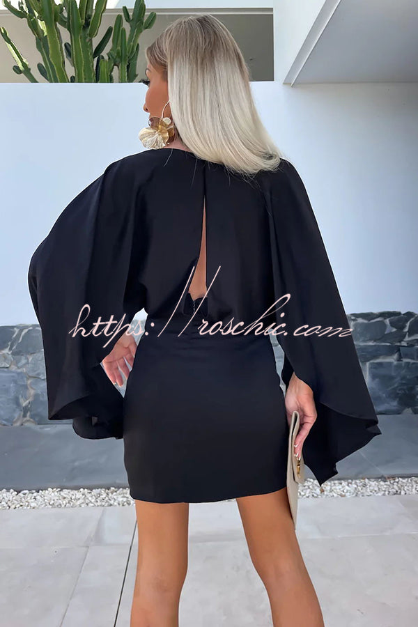 Wings Satin Butterfly Sleeves Elastic Waist Formal Mini Dress