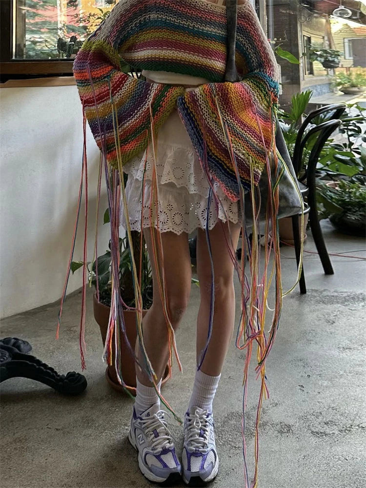 Knitted Tassels Cover Ups for Swimwear Loose Rainbow Shirt Sweater Holiday Crop Pullover Femme