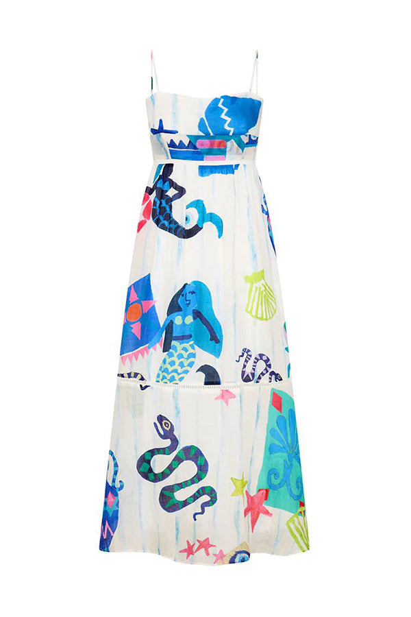She's the Fun Linen Blend Playful Print Ladder Trim Midi Dress