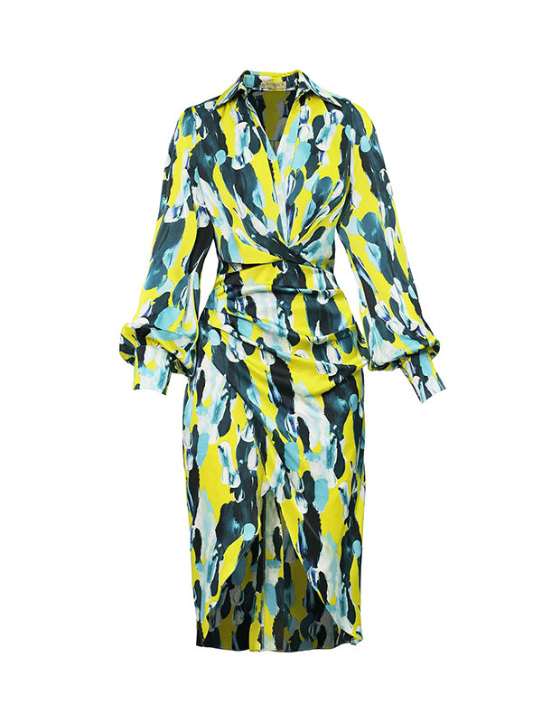 High Waisted Long Sleeves Asymmetric Pleated Printed Split-joint Deep V-neck Midi Dresses