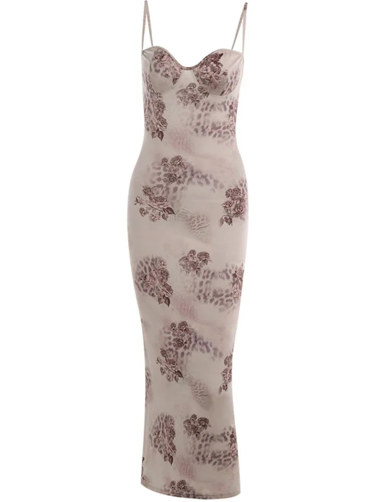 ’s Flower Print Sleeveless Long Dress Female Slim Fit High Waist Bodycon Dress Party Club Evening Dress