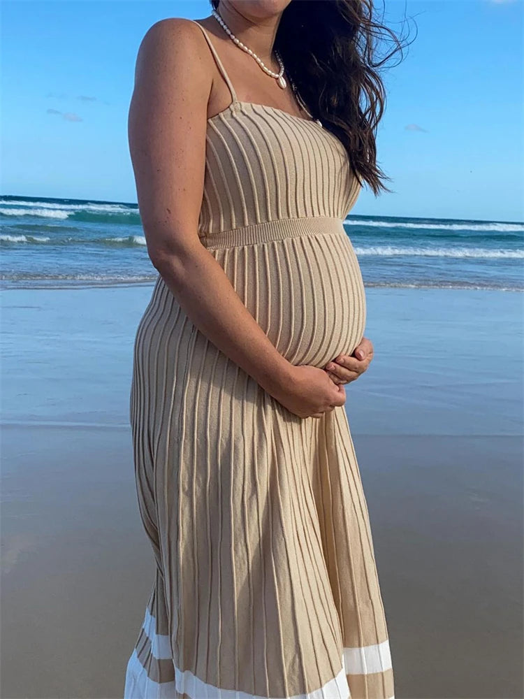 Backless Ribbed Maxi Dress for Summer New Holiday Party Stretch High Waist Bodycon Maternity Dresses Knit Sundress