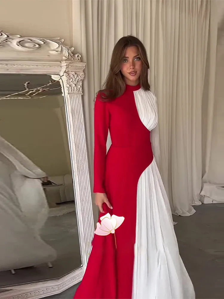 Contrast Patchwork ’s Long Dress Half High Collar Full Sleeve Waistband Vestidos New Female Commute