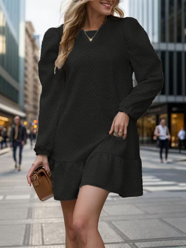 A-line Long Sleeves Jacquard Pleated Color Split-joint Round-neck Mini Dresses
