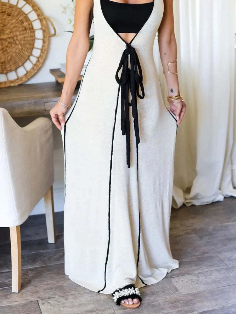Lace-up Patchwork Loose Dress ’s Sleeveless Hollow Out Contrast Bandage V-neck Maxi Dress Female Party Dress