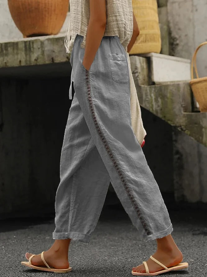 Loose Hollow Out Lace Pockets Drawstring Waist Plain Linen Pants