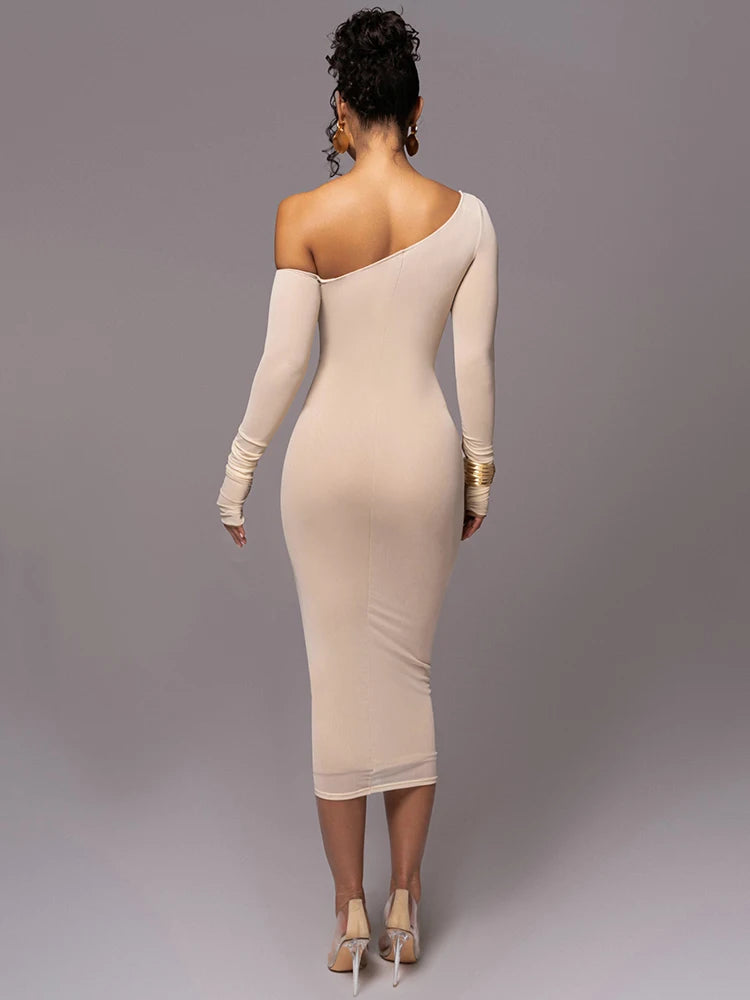 Diagonal Collar Long Sleeve Midi Dress for Two Layer Mesh Backless Ruched Bodycon Club Party Long Dress