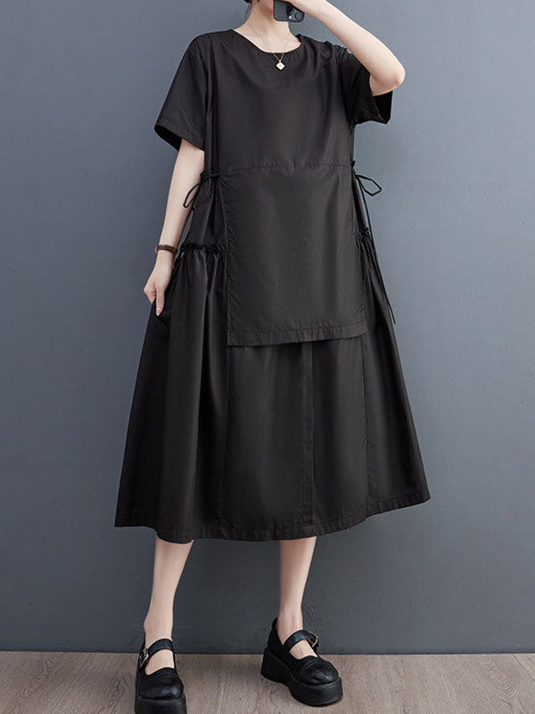 Loose Short Sleeves Color Split-joint Round-neck Midi Dresses