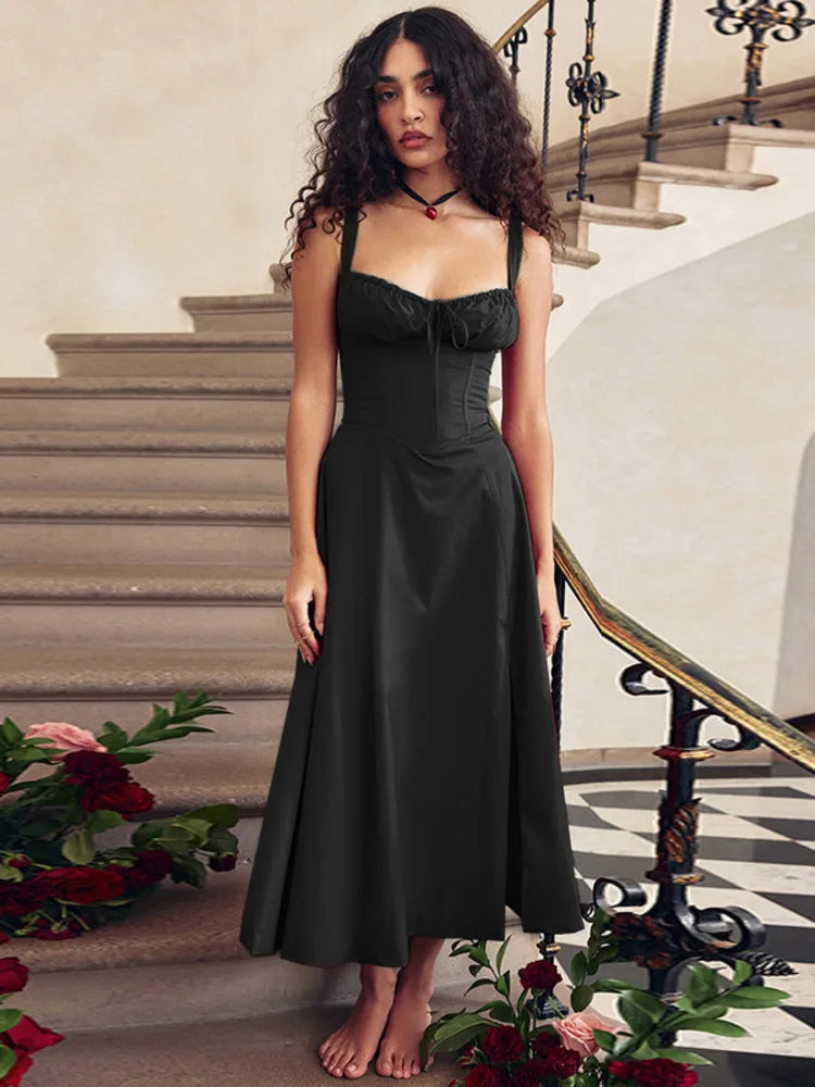 Backless Split Midi Dress for Robe Spaghetti Strap Sleeveless Lace-up Pleated Party Long Dress Vestido