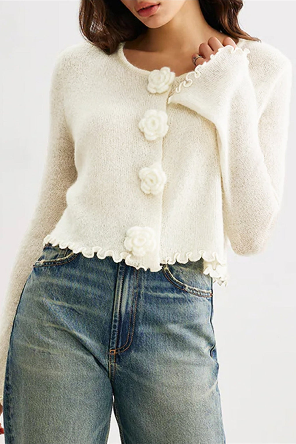 Slim-fit 3d Ruffled Pullover Knit Cardigan