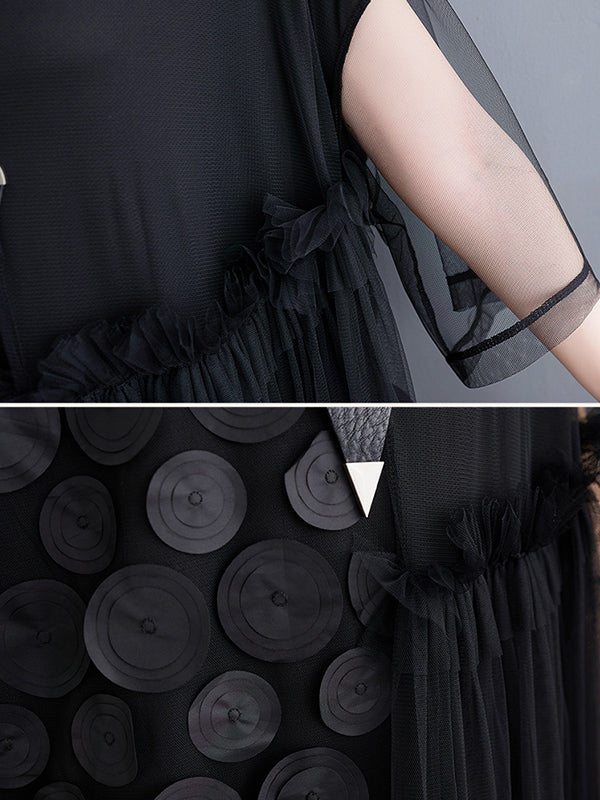 Loose Short Sleeves Asymmetric Gauze Split-joint Round-neck Midi Dresses