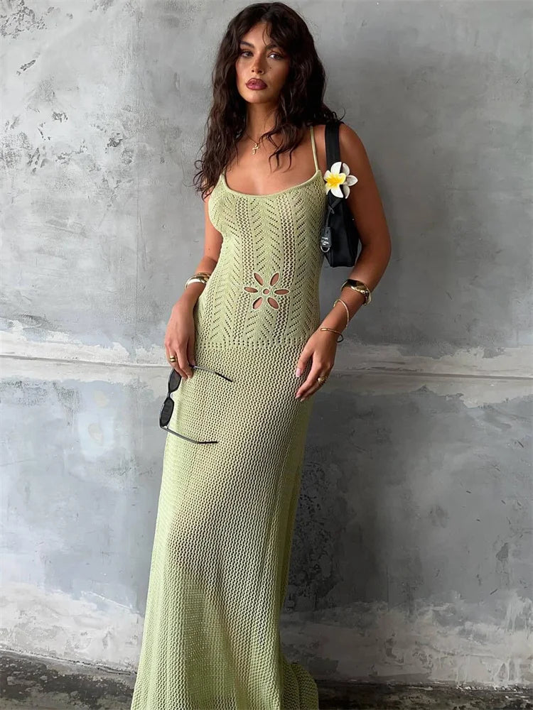 Summer Knit Bandage Maxi Dress Female Hollow Out See-through Printed High Waist Backless Beach Holiday Long Dress