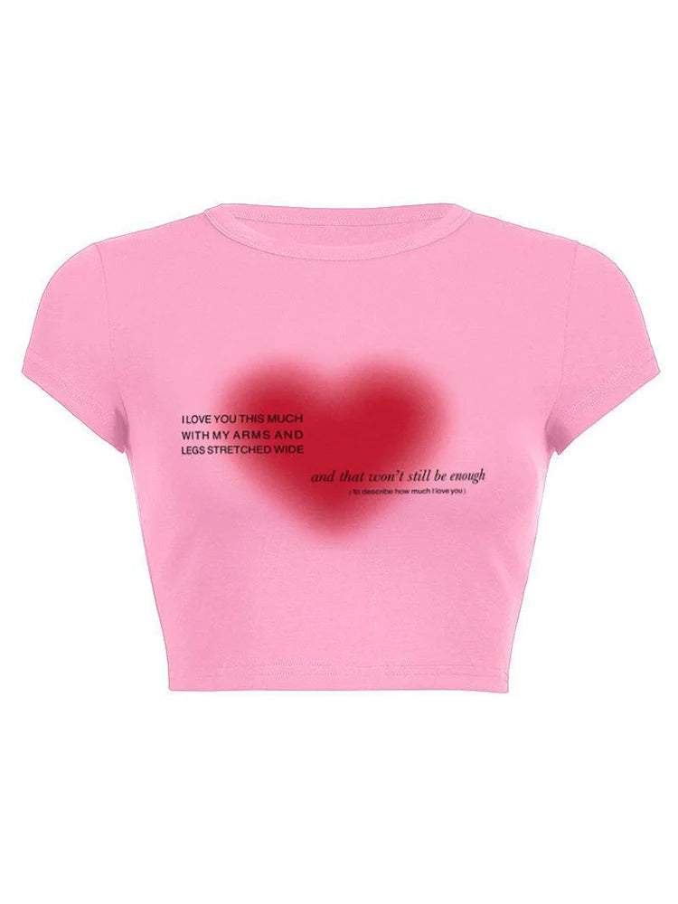 Aesthetic Heart Print T-shirt Anime Letter Kawaii 90’s Crop Tops Summer Short Sleeve Tees Kpop Y2k Clothes Lady
