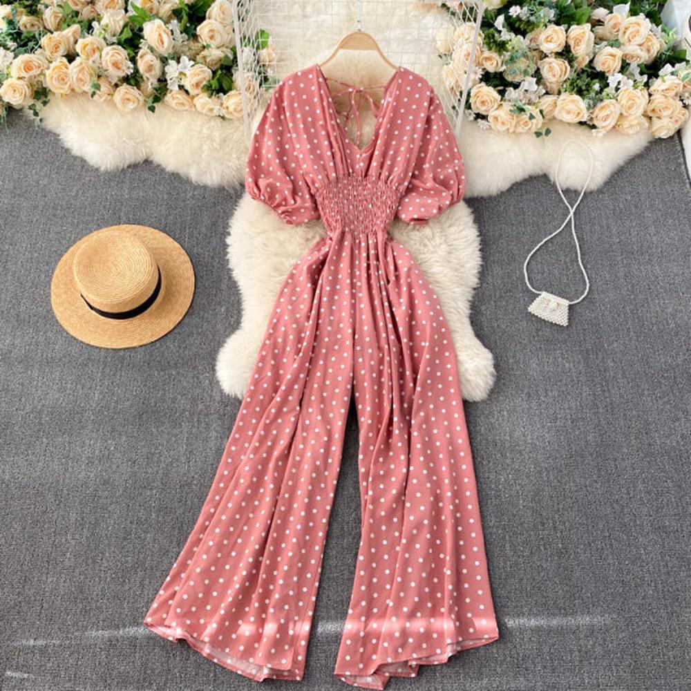 Stylish Army Green V-neck Polka Dot Puff Sleeve Wide Leg Jumpsuit