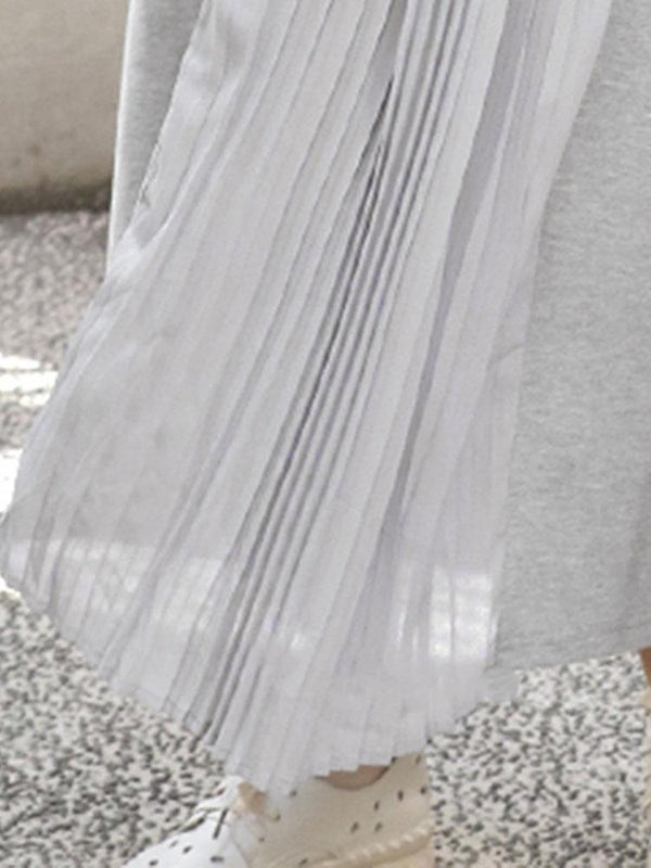 Loose Short Sleeves Pleated Color Split-joint Round-neck Midi Dresses