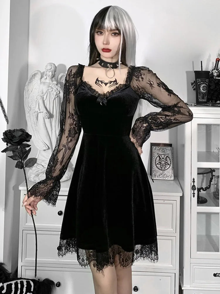 Gothic Lolita Girl Lace Trim Velvet A-line Dress Perspective Long Sleeve V Neck Slim Mini Dress Cosplay Party Costume